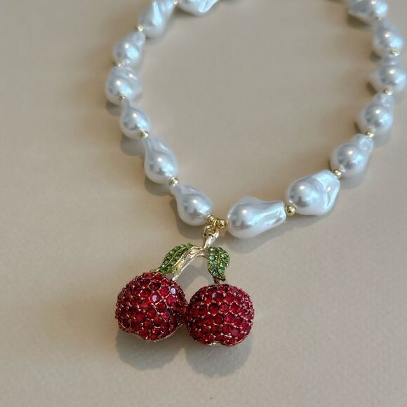 Elegant Pearl Necklace with Cherry Pendant N1490 - Picture 3 of 4